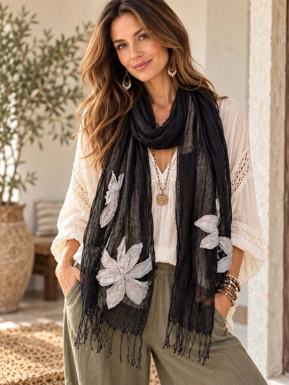 Black Linen Scarf Womens 100% Linen Sheer Gray Applique Boho Romantic 72 Inch